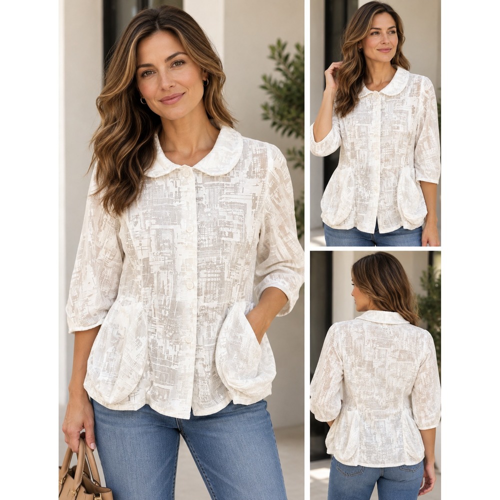 NWT Carine Wang Women's Sheer Textured Button Jacket White Abstract Print S